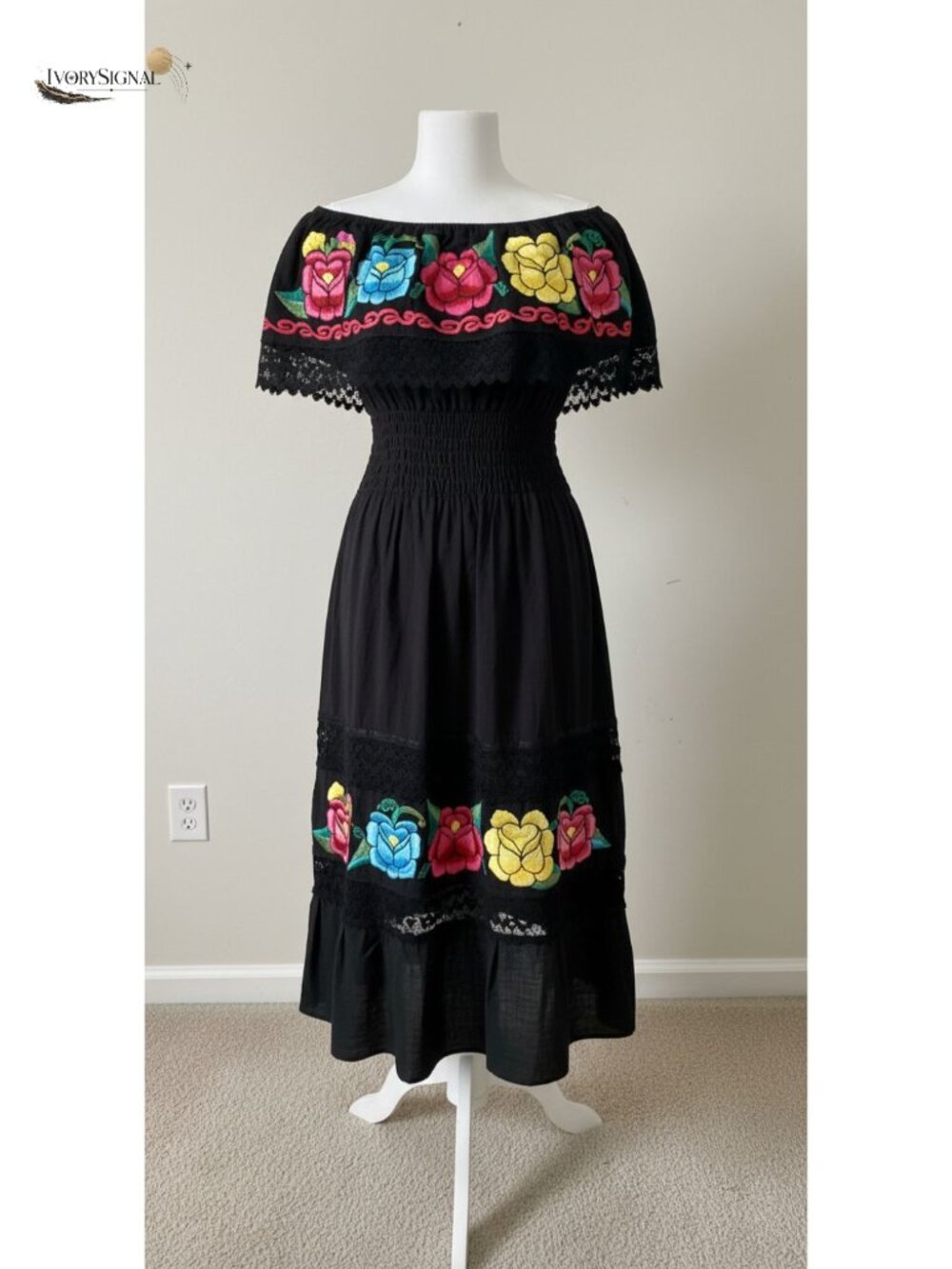 Embroidered Mexican Peasant Dress 100% Cotton Off-Shoulder Long Maxi
